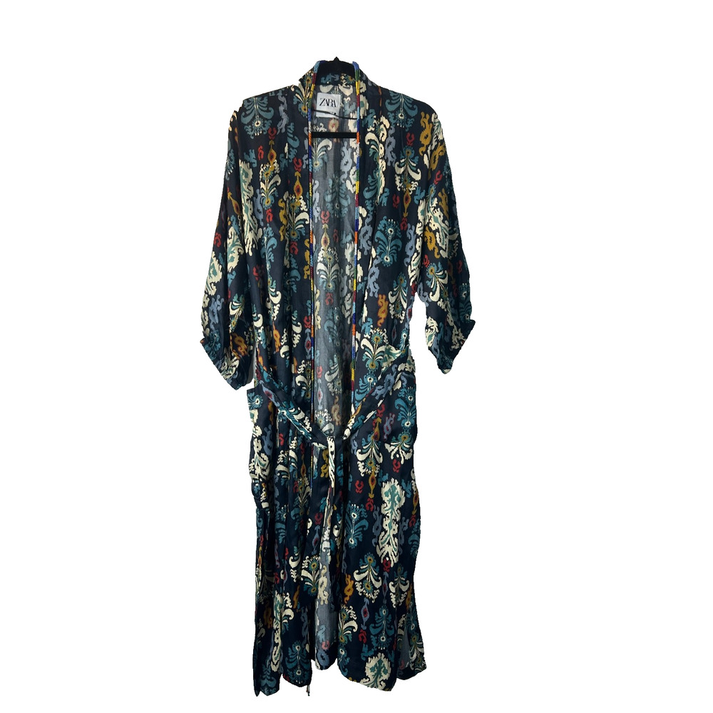 ZARA Blogger Favorite Beaded HaNoi Kimono Size S Navy Ikat Damask Print Belted